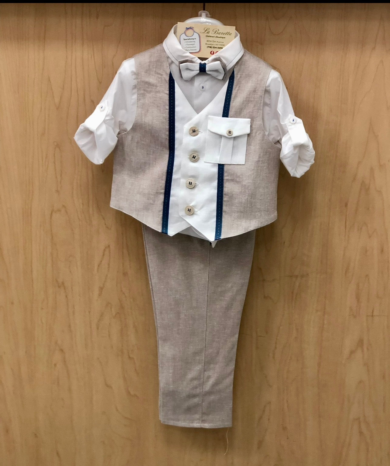 Boys Linen Suit Set – Vest, Shirt, Pants & Bow Tie