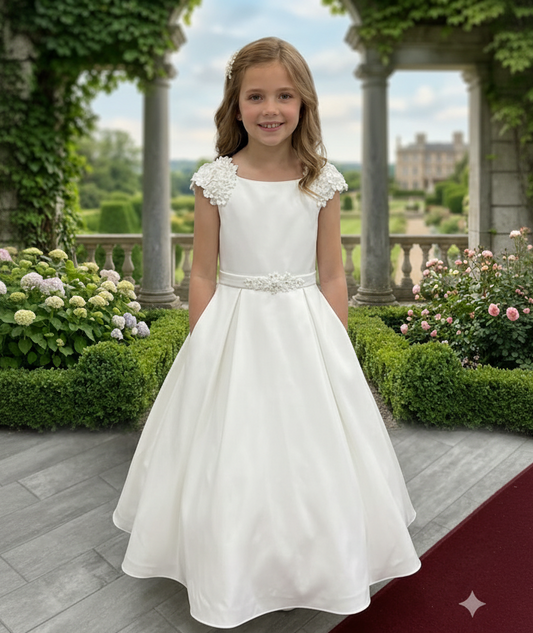 White Petal Cap Sleeve Gown with side pockets