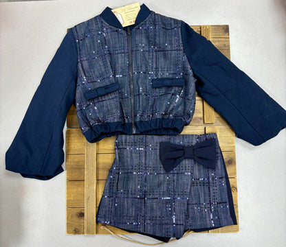 Girls Navy Blue Sequin Tweed Jacket & Skort Set