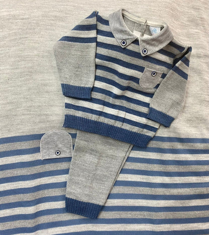 Grey & Blue Striped Knit Baby 3pc take me home set