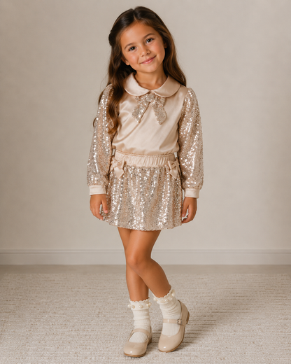 Girls' Champagne Sequin Two-Piece Set – Satin Top & Sparkle Skirt