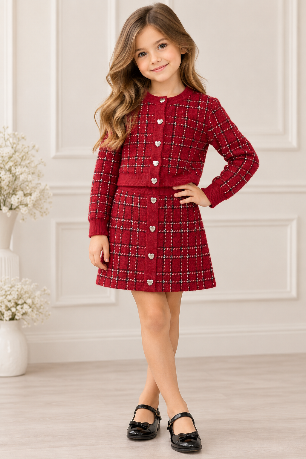 Red Plaid Heart Button Knit Set