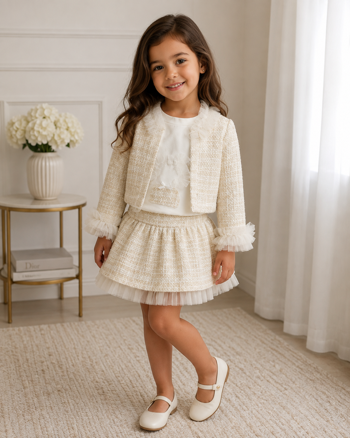 Girls Ivory Tweed 3-Piece Set with Tulle Trim Made In Italy