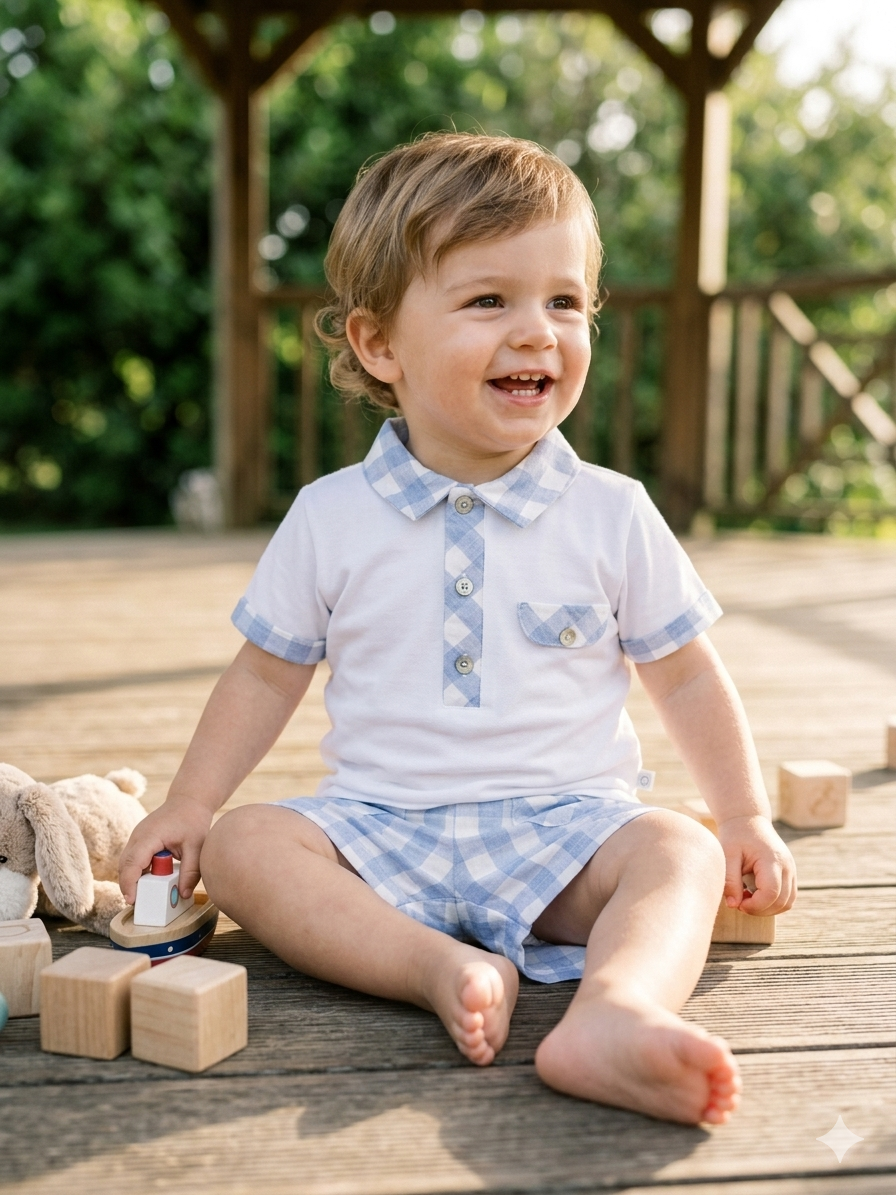 Boys Blue Gingham Polo & Shorts Set | 2-Piece Summer Outfit