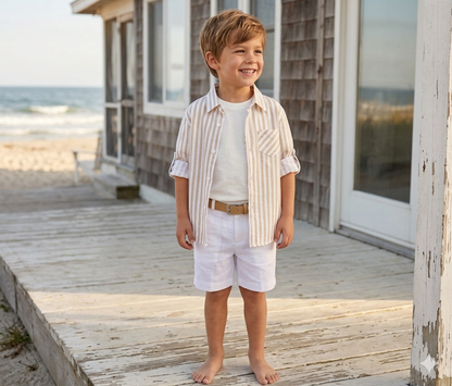 Boys Coastal Linen Outfit Set - Beige & White