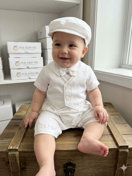 Baby Boy Christening Linen Romper Set with Cap Made In Italy