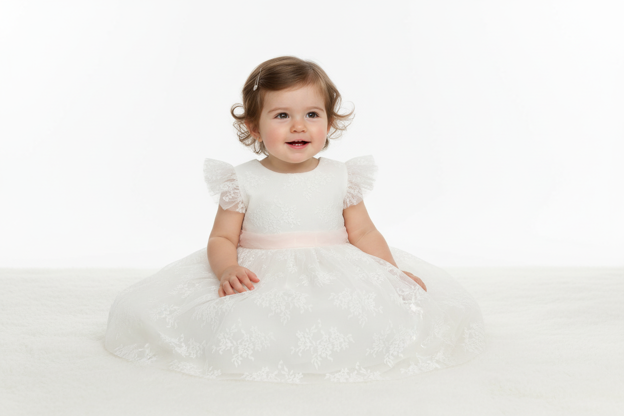 Bimbalo white & pink embroidered  lace Dress made in Italy
