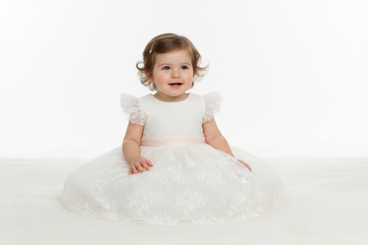 Bimbalo white & pink embroidered  lace Dress made in Italy