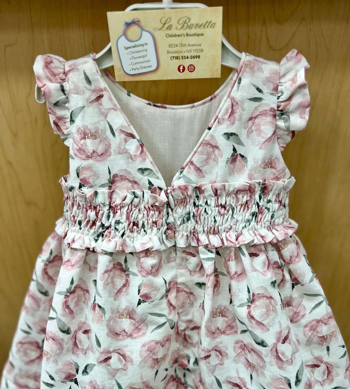 Linen baby Dress white & pink flowers  047-21259