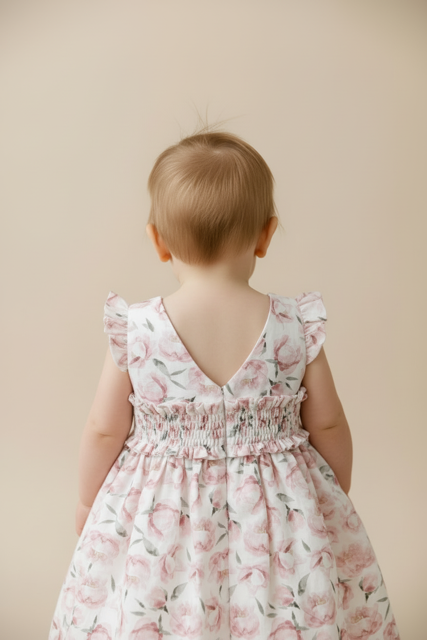 Linen baby Dress white & pink flowers  047-21259