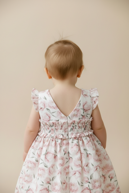 Linen baby Dress white & pink flowers  047-21259