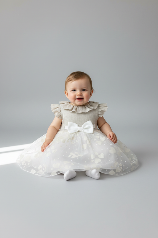 Bimbalo Beige Linen and Tulle Heart Dress made in Italy