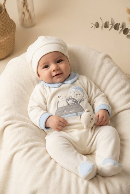 Ivory & Blue Teddy Bear Car Baby Outfit Take Me Home Set Made In Italy