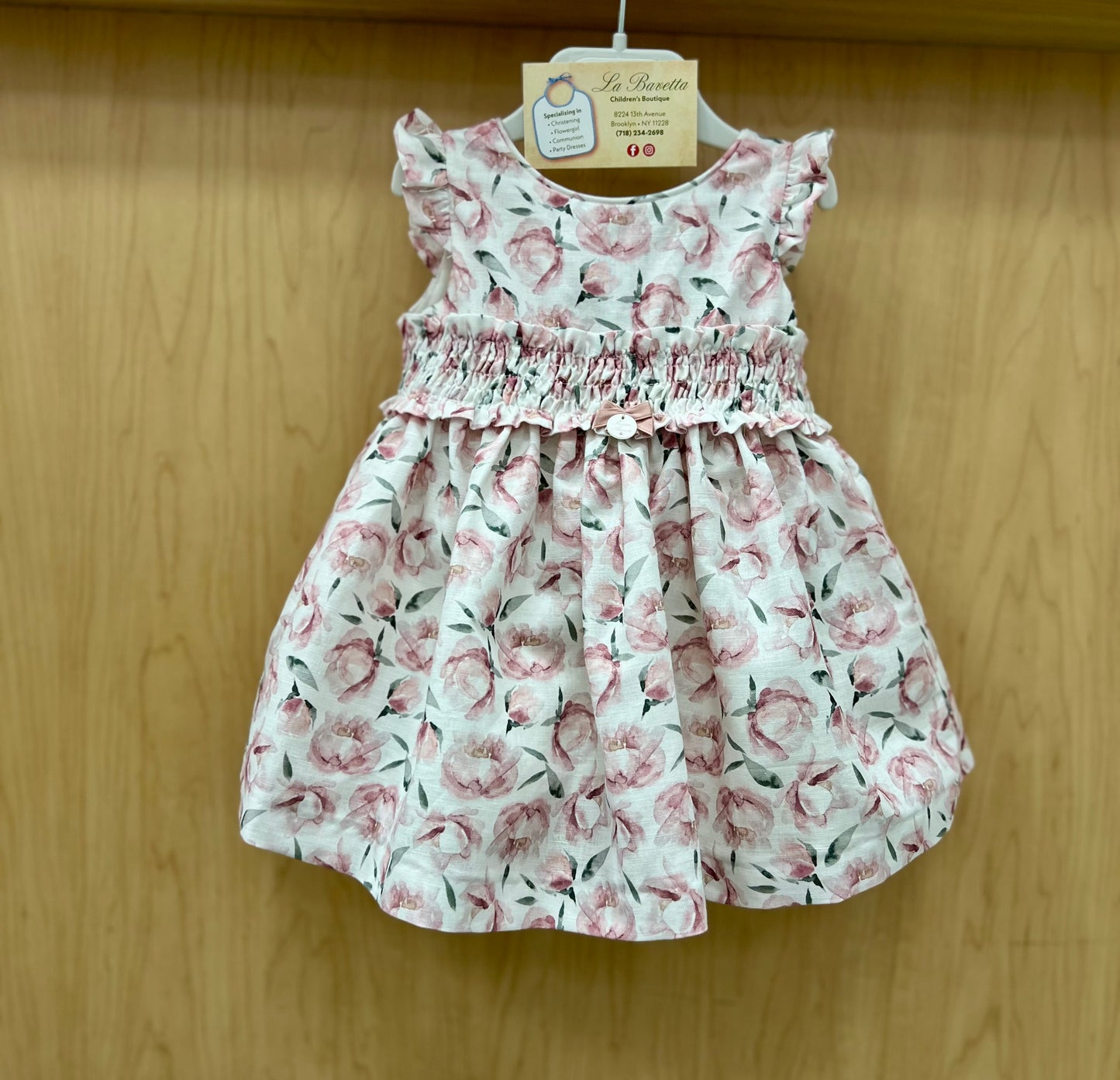 Linen baby Dress white & pink flowers  047-21259