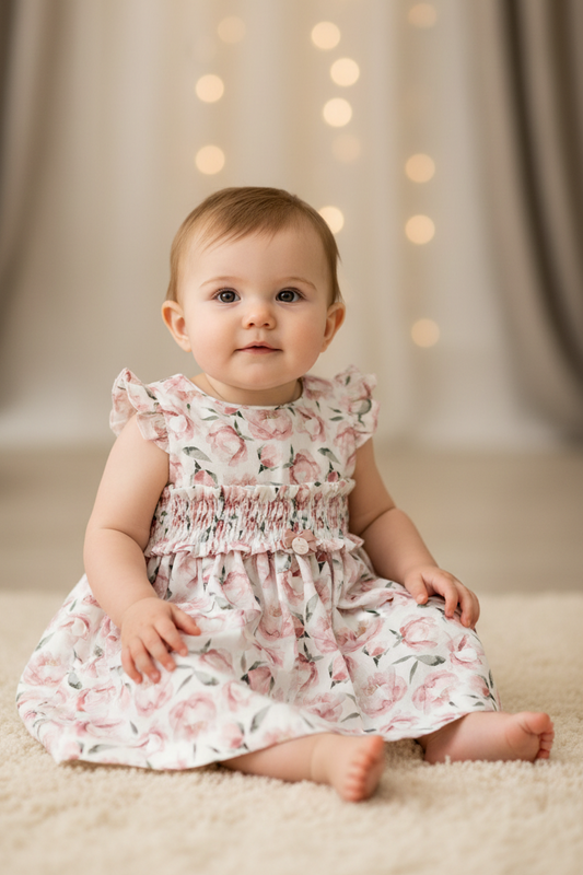 Linen baby Dress white & pink flowers  047-21259