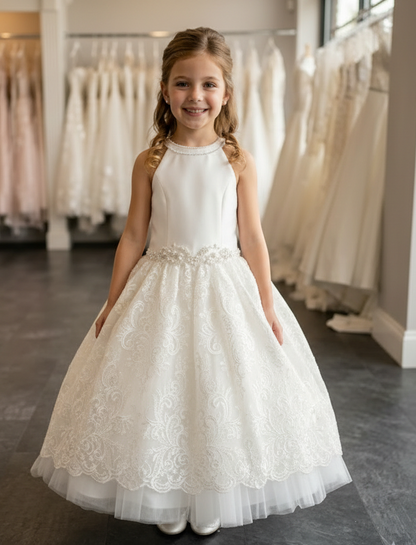Embroidered Lace-Halter neck Girls communion Dress - Diamond white Charlie
