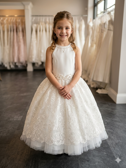 Embroidered Lace-Halter neck Girls communion Dress - Diamond white Charlie