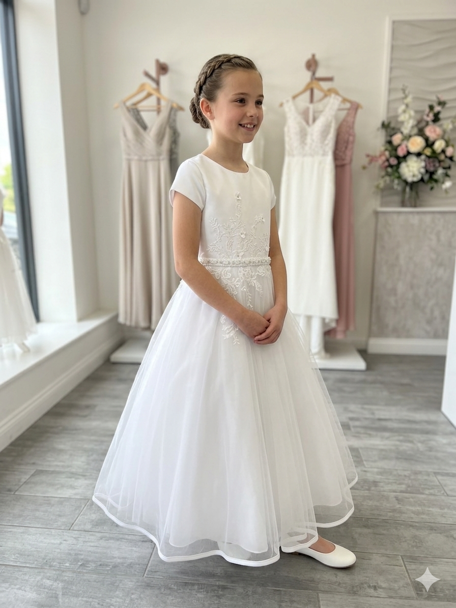 Girls White First Communion Dress with Floral Embroidery & Tulle Skirt