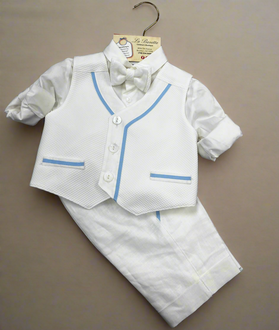 5642 Boys 5Piece Light”ivory Linen Shorts and Vest set with light blue stitching