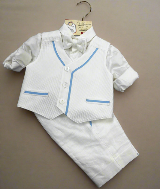 5642 Boys 5Piece Light”ivory Linen Shorts and Vest set with light blue stitching