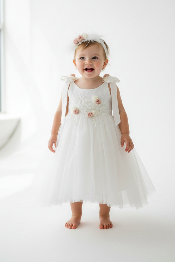 Tulle and lace Dress with blush rosettes
