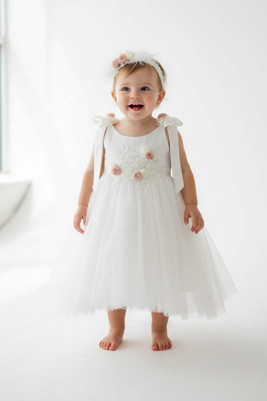 Tulle and lace Dress with blush rosettes
