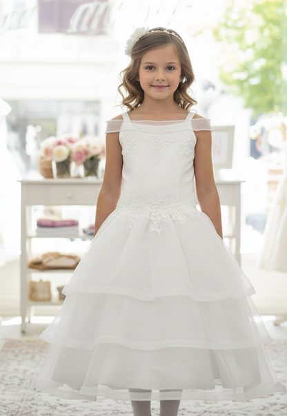 White Tiered Organza Flower Girl Dress with Lace & Pearl Embellishments