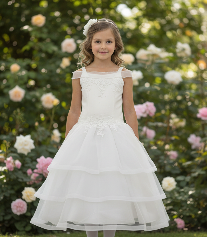 White Tiered Organza Flower Girl Dress with Lace & Pearl Embellishments