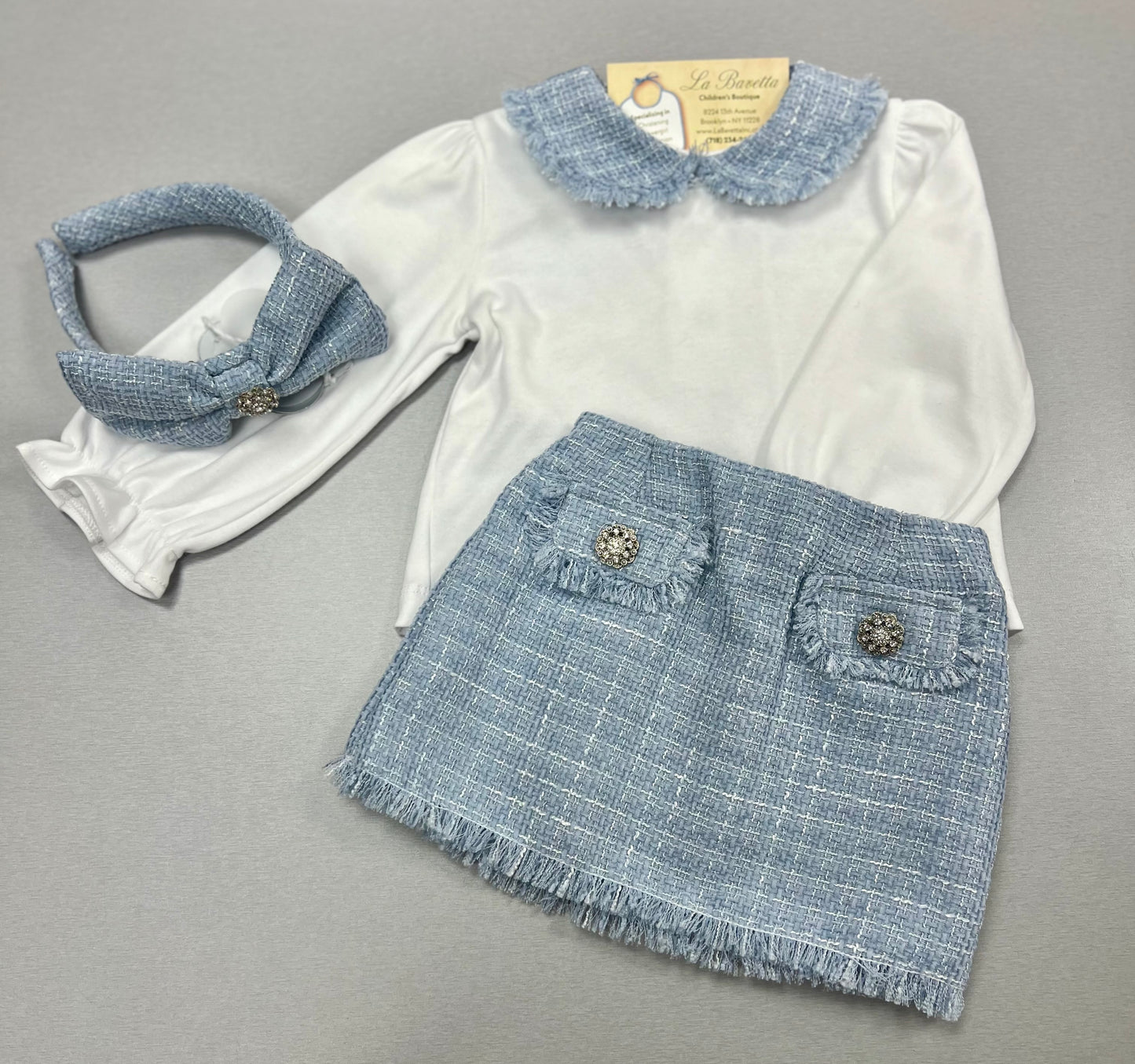 2pc Blue &white Tweed Girls skirt set