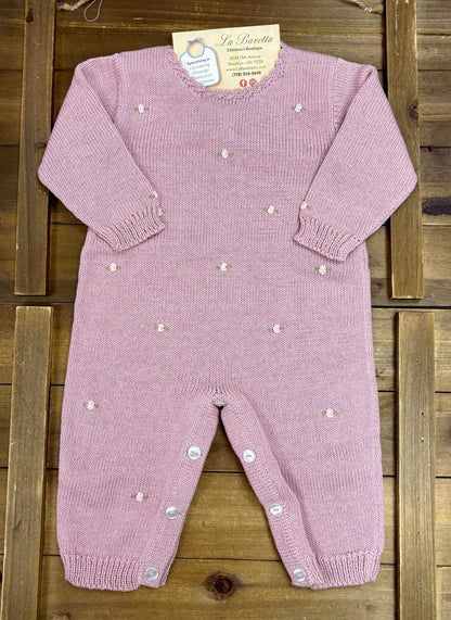 Pink Pearl Knit Romper Set with Bonnet