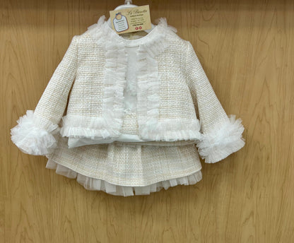 Girls Ivory Tweed 3-Piece Set with Tulle Trim Made In Italy