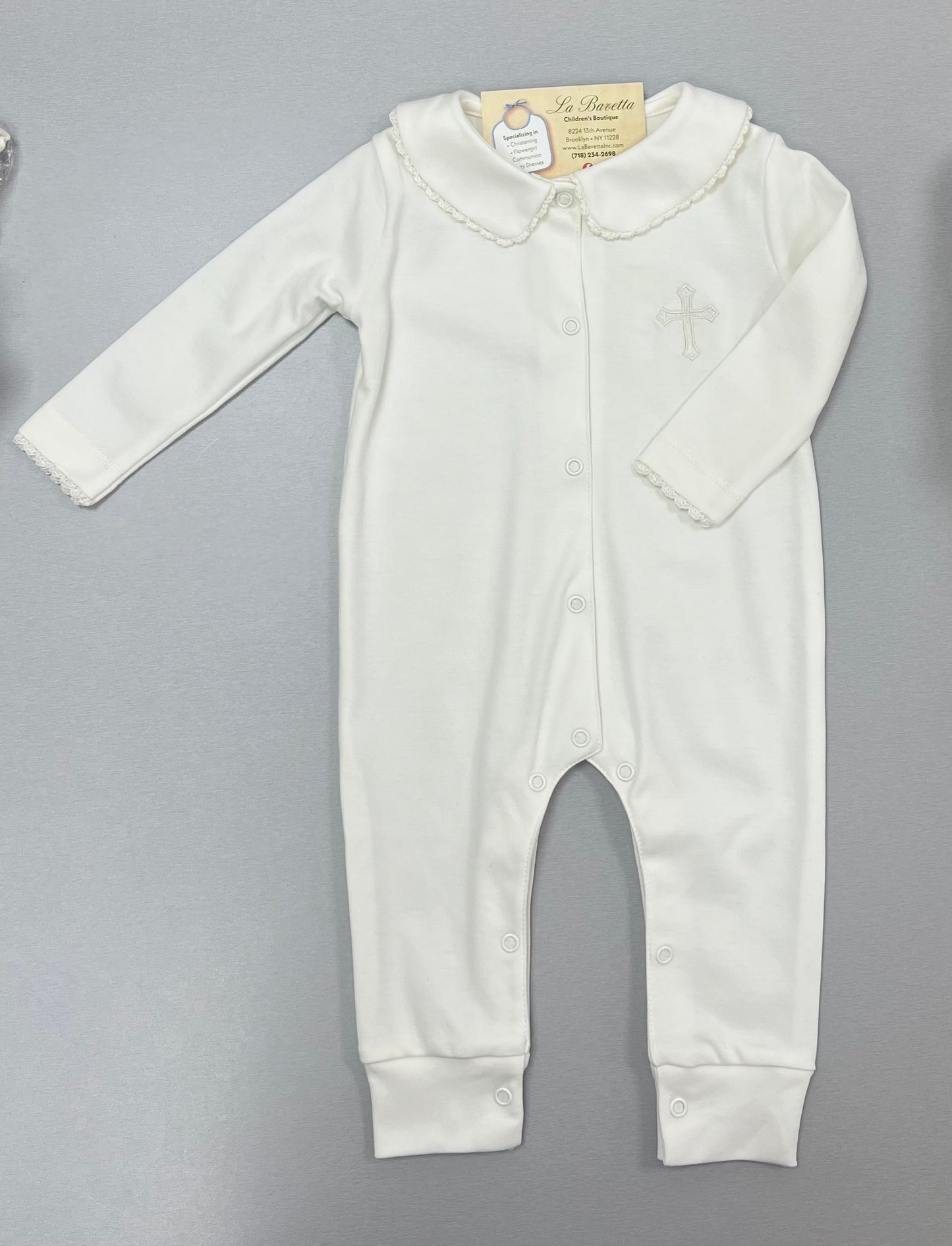 White Christening Romper with Scalloped Collar