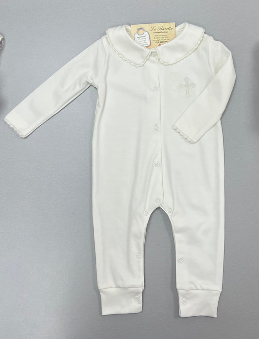 White Christening Romper with Scalloped Collar