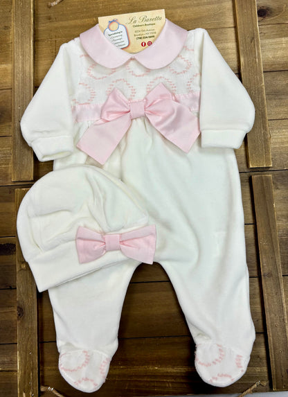 Pink Bow/ Panna  Baby Girl velour 3-Piece Take-Home Set Made In Italy