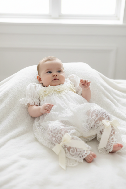 Beth Ivory Lace Christening Romper Set with Headband