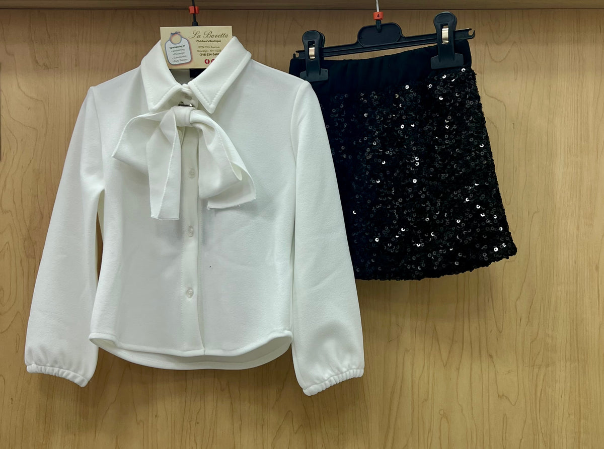 Girls White Bow Blouse & Black Sequin Skirt Set