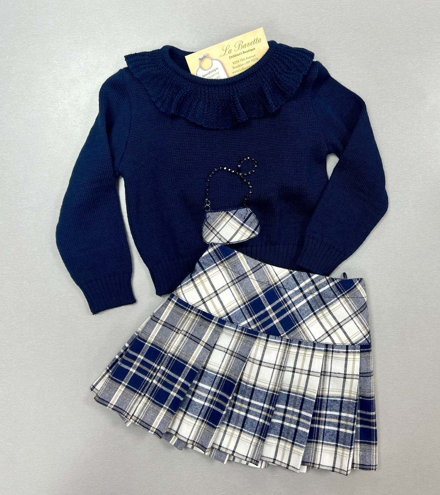 2pc navy Blue & White plaid skirt set Made In Italy