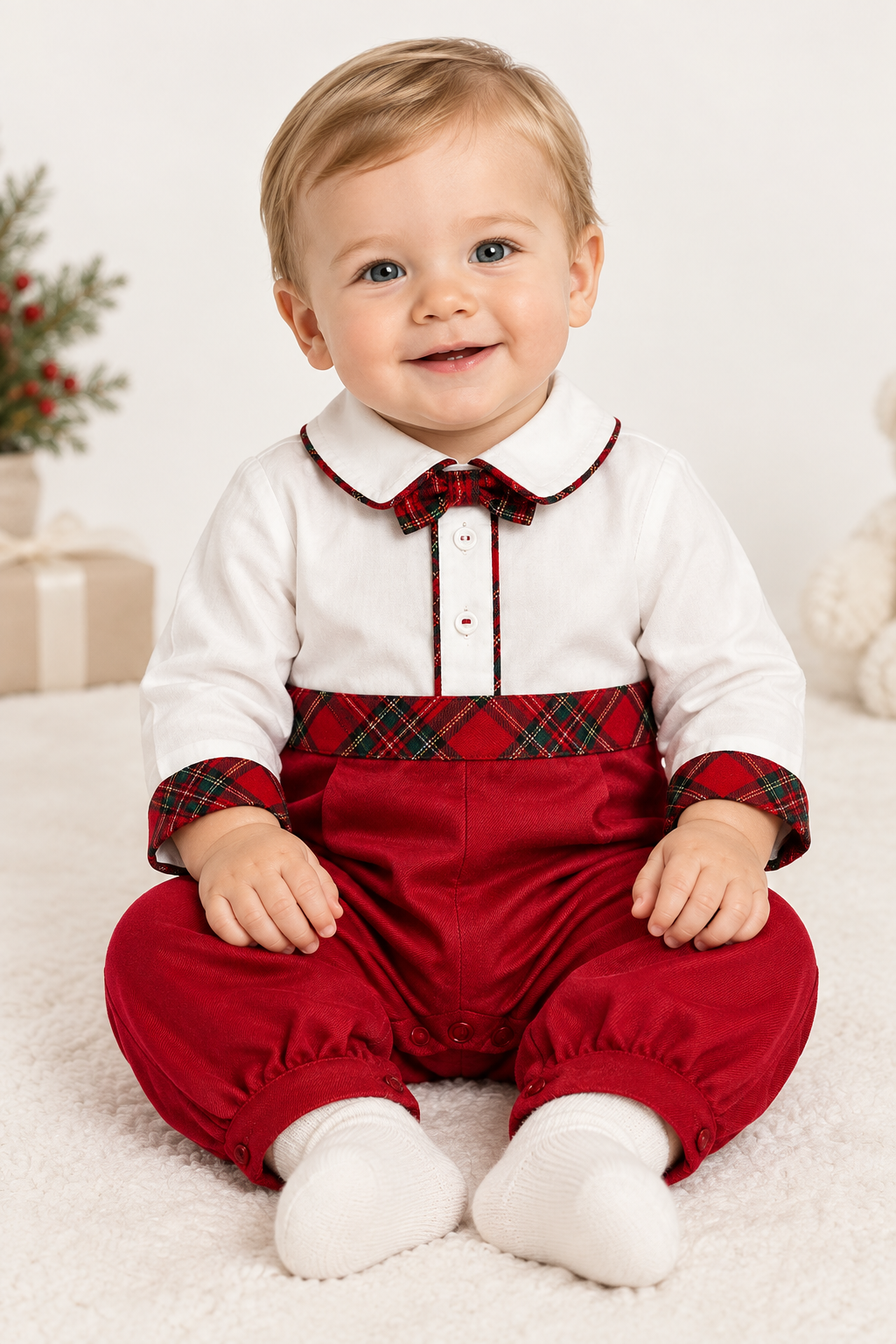 Baby Red & White Plaid-Trim Holiday Romper