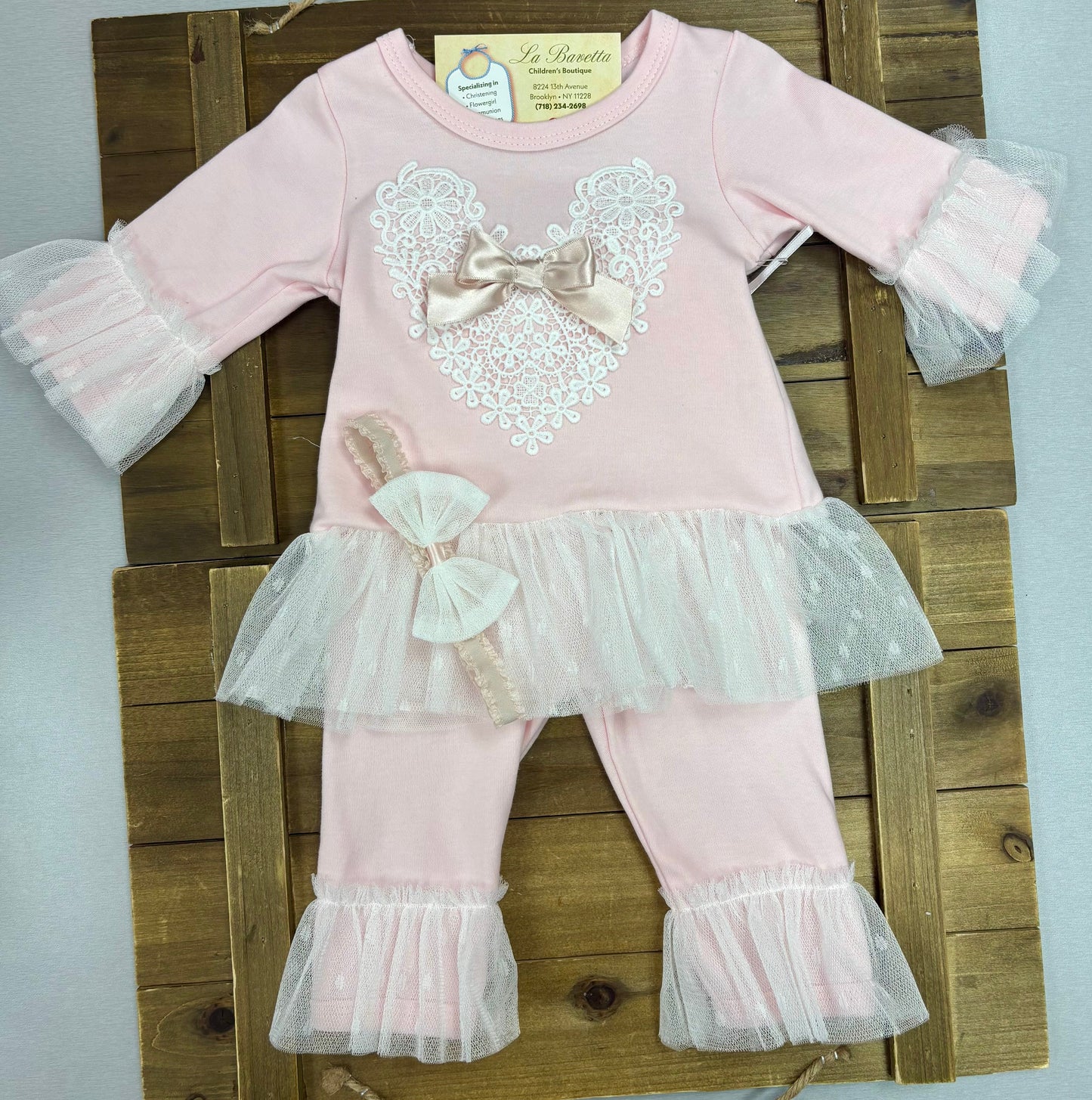 Pink Lace Heart Baby Girl 3-Piece Set