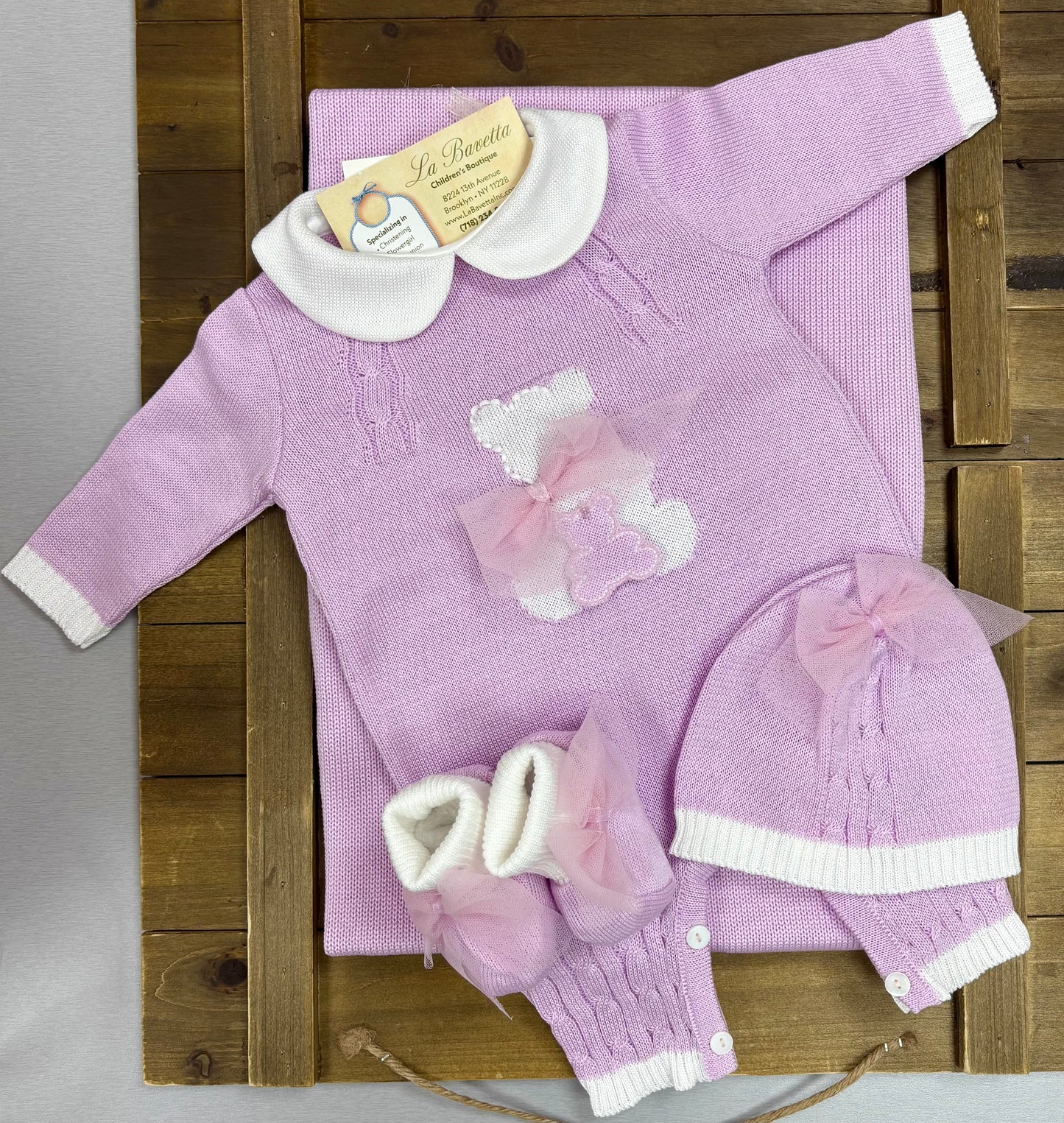 Lavender Pink Knit Baby Layette Set – 4-Piece Newborn Coming Home Outfit Made In Italy