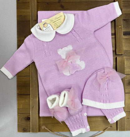 Lavender Pink Knit Baby Layette Set – 4-Piece Newborn Coming Home Outfit Made In Italy