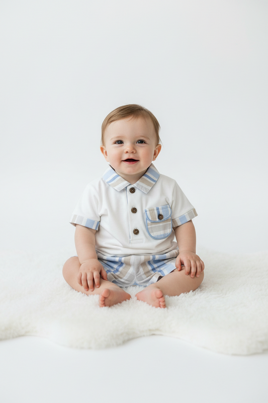 2 pc Boys Blue and tan stripes shorts set DBV24814