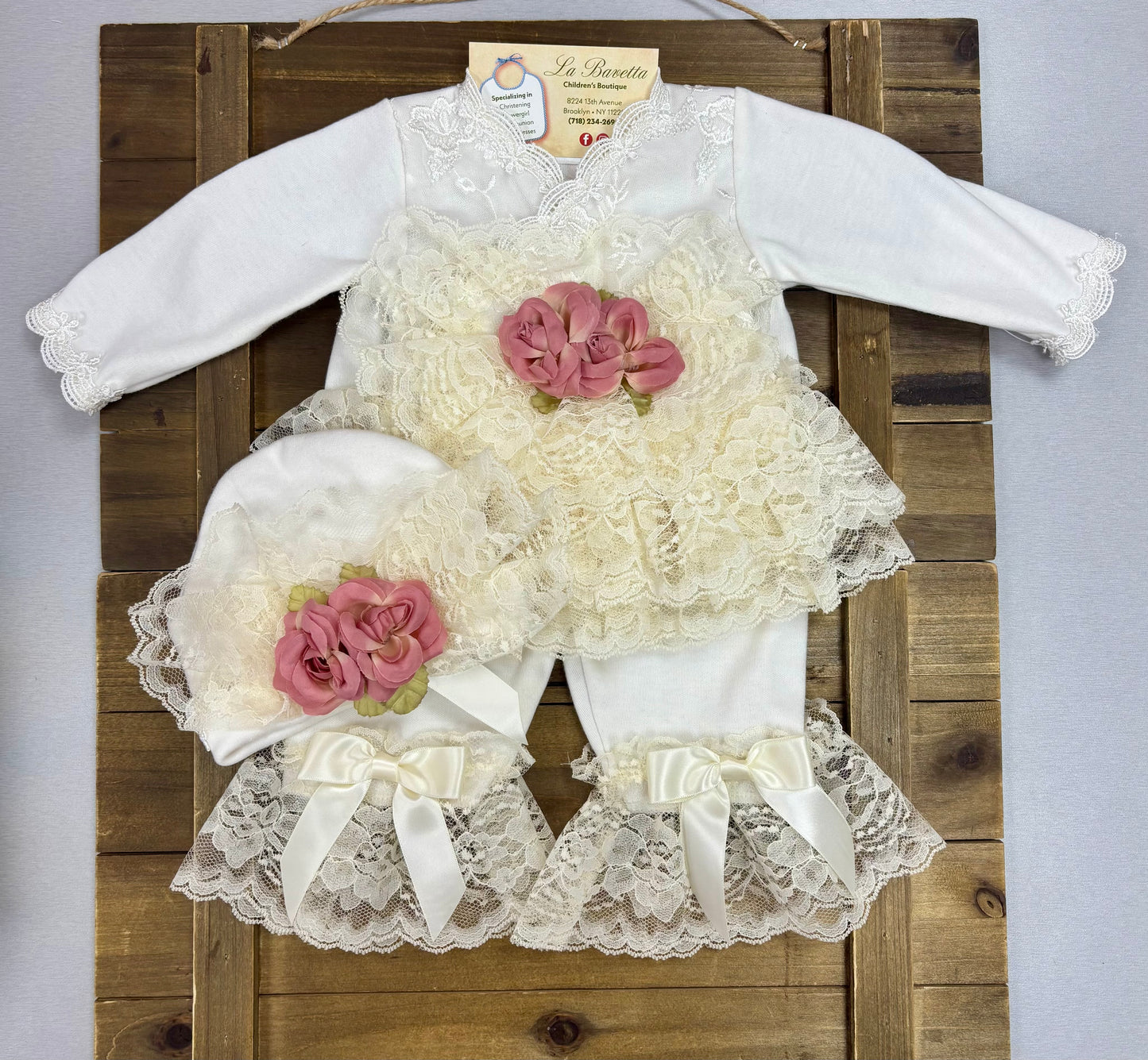 Baby Girl Ivory Lace & Dusty Rose 3-Piece Set