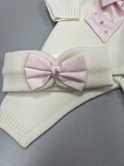 Ivory Knit 2pc pants set with Pink Bow Made In Italy