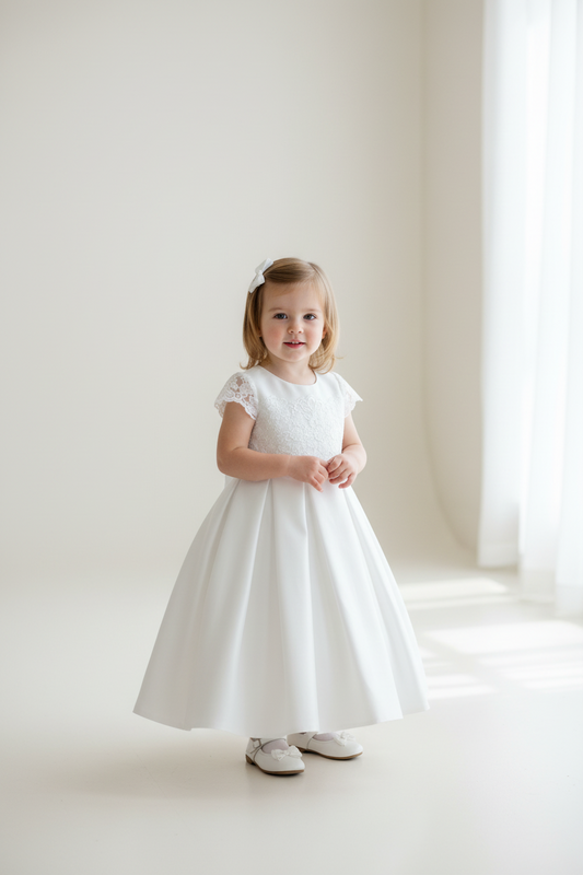 White Satin Bottom Pleated Flower Girl Gown Sienna Rose SR711