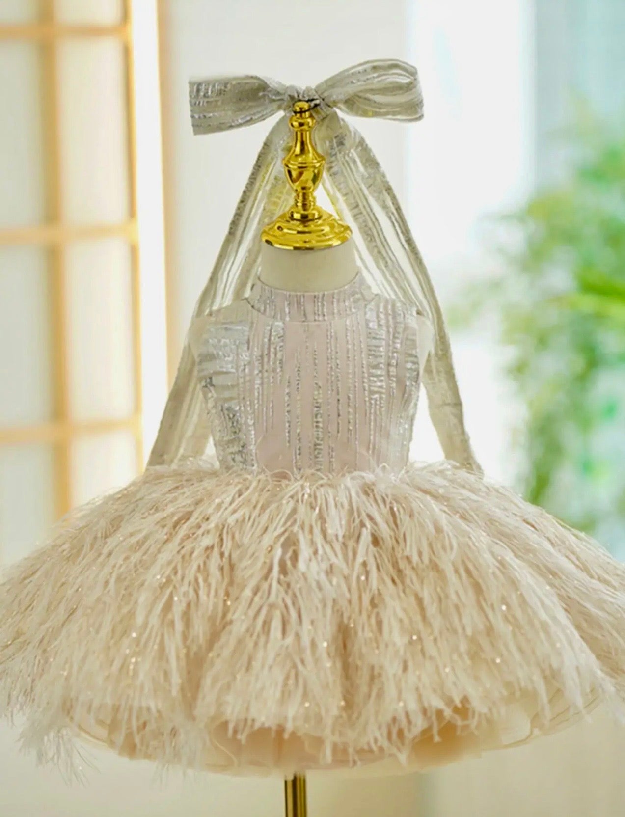Champagne Feather Couture Baby Dress – Sequin Bodice & Ostrich Feather Skirt