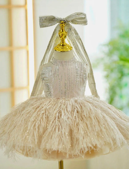 Champagne Feather Couture Baby Dress – Sequin Bodice & Ostrich Feather Skirt