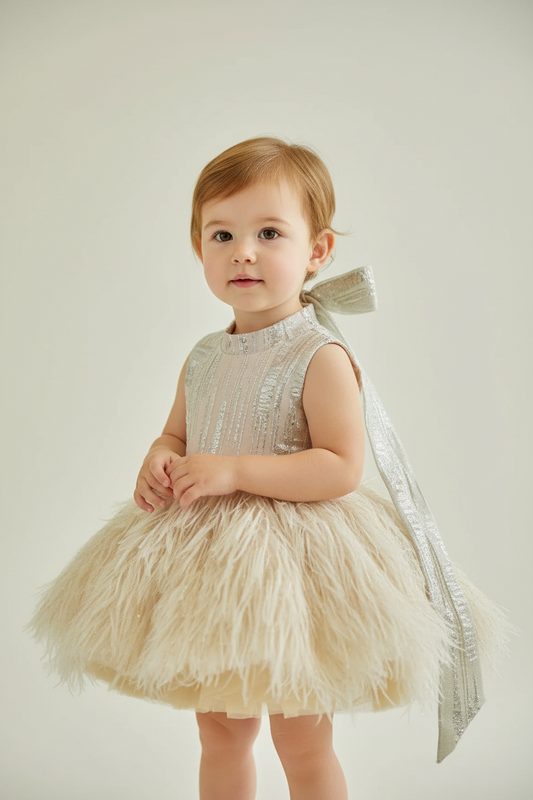 Champagne Feather Couture Baby Dress – Sequin Bodice & Ostrich Feather Skirt
