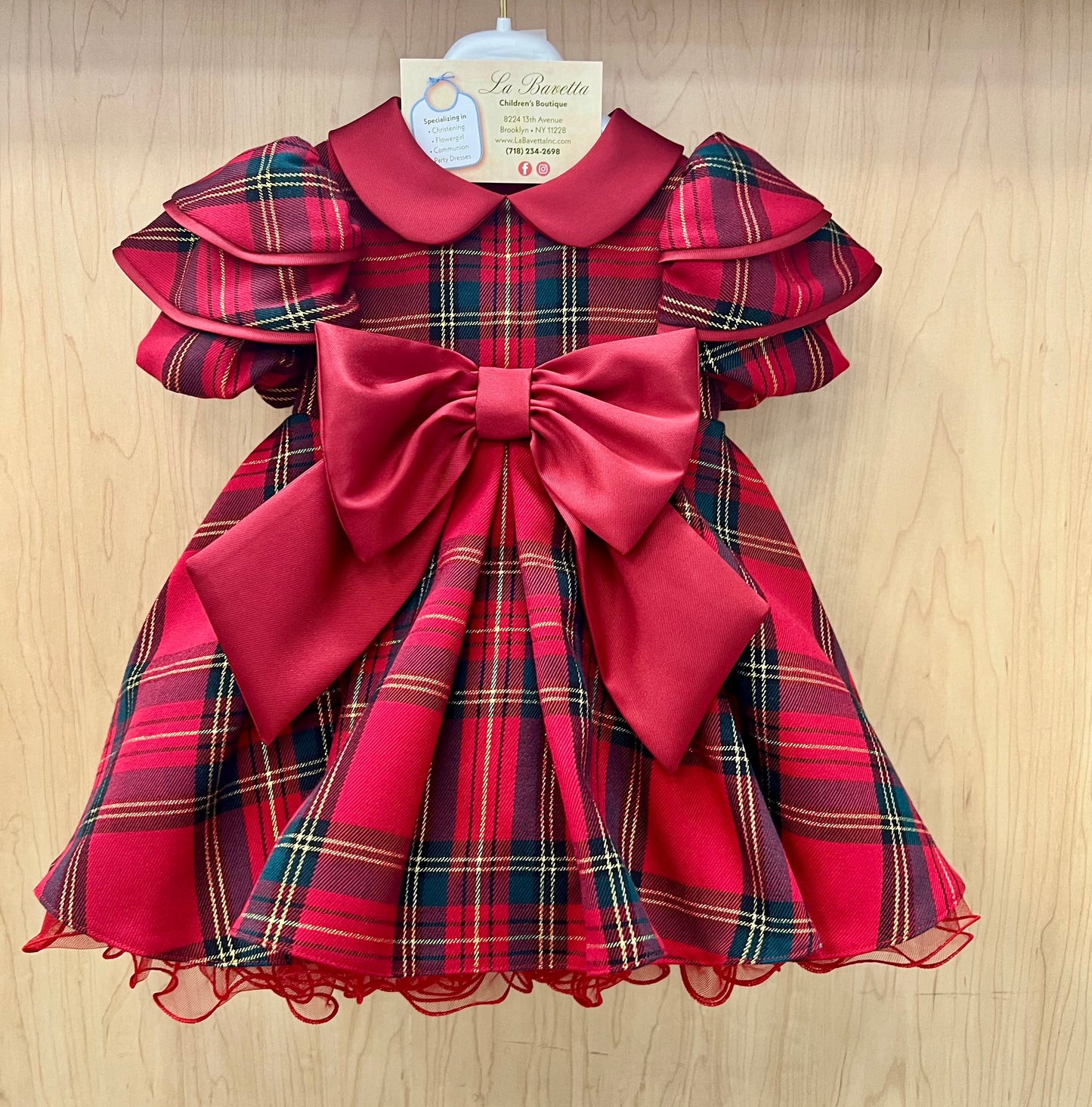 Bimbalo Plaid Holiday Dress with Red Satin Bow made in Italy