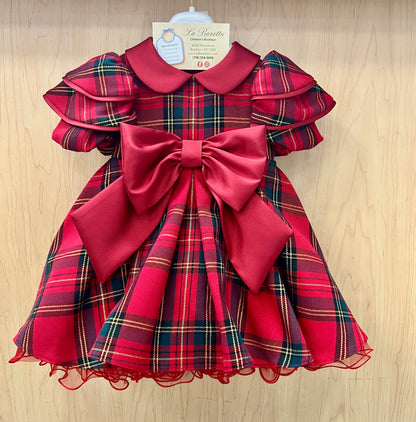 Bimbalo Plaid Holiday Dress with Red Satin Bow made in Italy